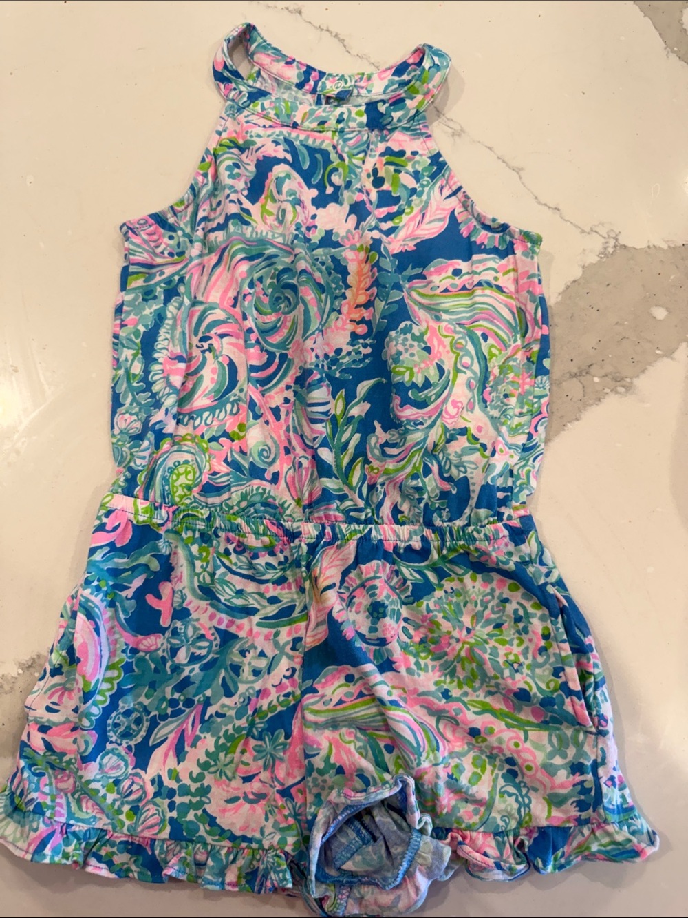 Lilly Pulitzer Girls' Blue Paisley Halter Romper with Pink & Green